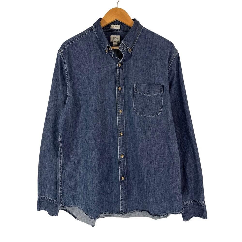 J.Crew Men’s Denim Shirt Indigo Blue Cotton Long Sleeve Size L Casual Classic